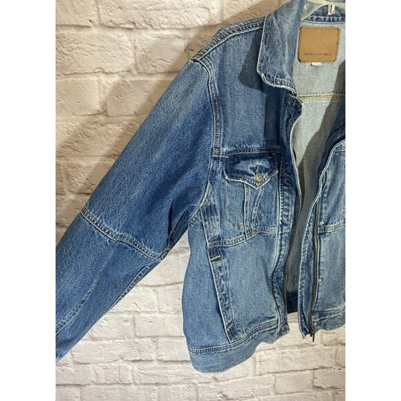 American Eagle Outfitters Denim Bomber Jacket Size Medium Jeans Coat Blue Heavy - Picture 6 of 16